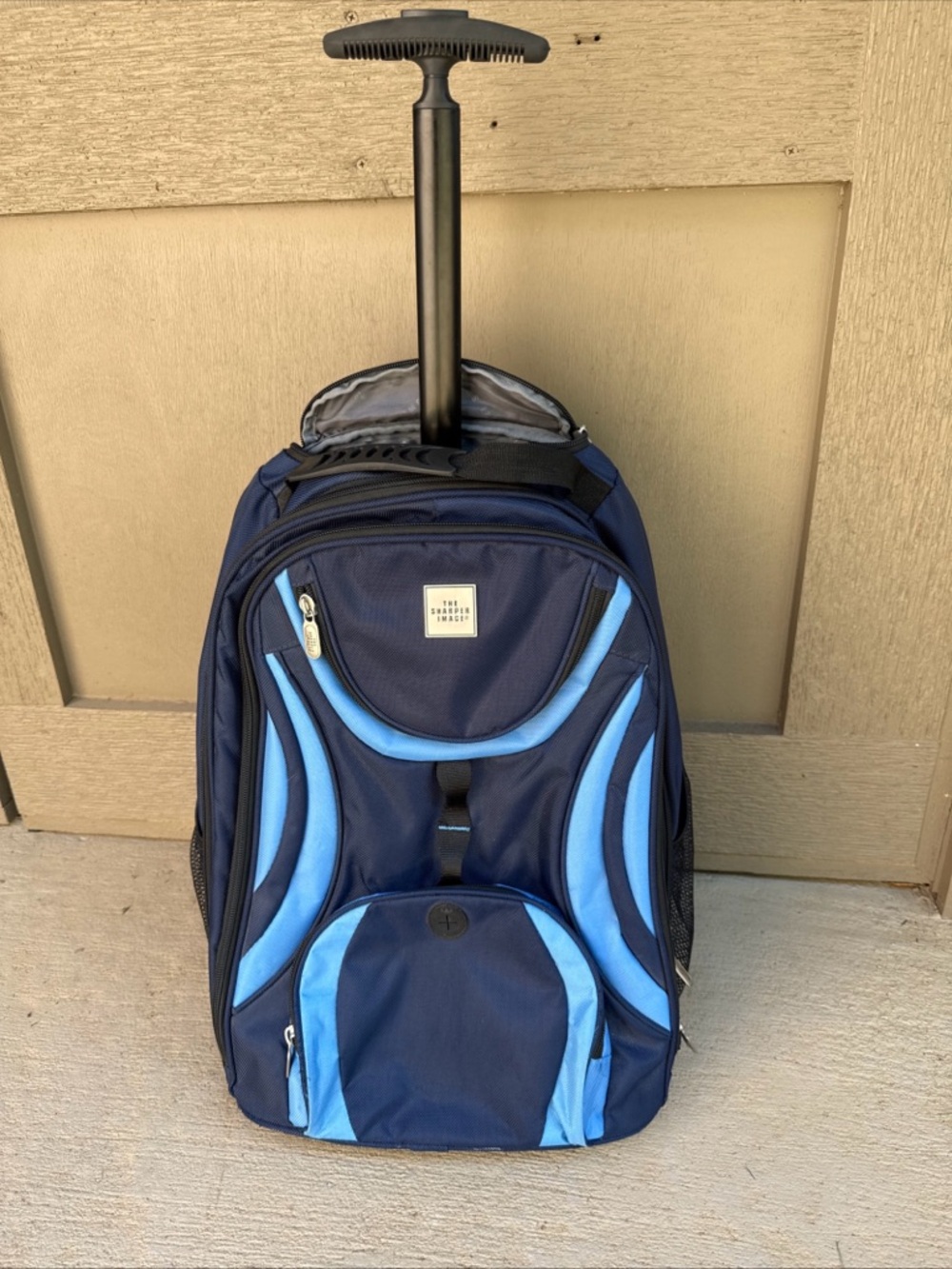 Sharper Image Rolling Navy and Light Blue Backpack Retractable Handle & wheels